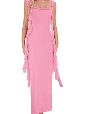 Pink Ruffle-Trim Maxi Dress